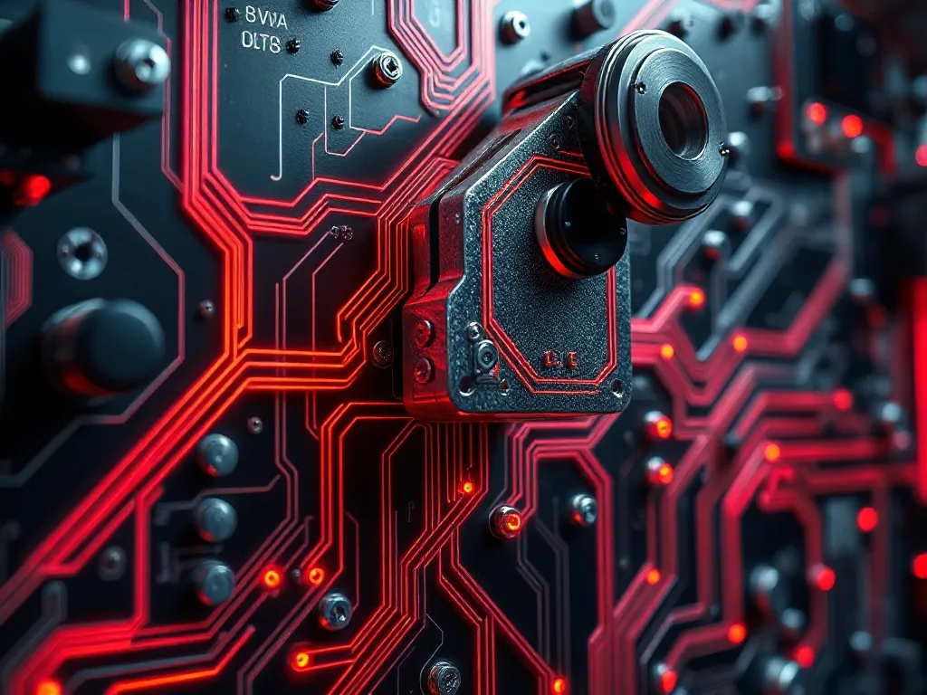 Close-up of industrial robotic arm circuit board with glowin