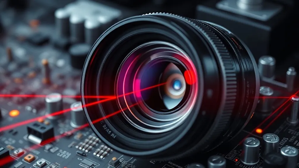 High-tech industrial camera lens focusing on a digital circu