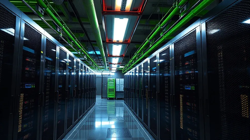 Futuristic data center with green cooling pipes and solar pa